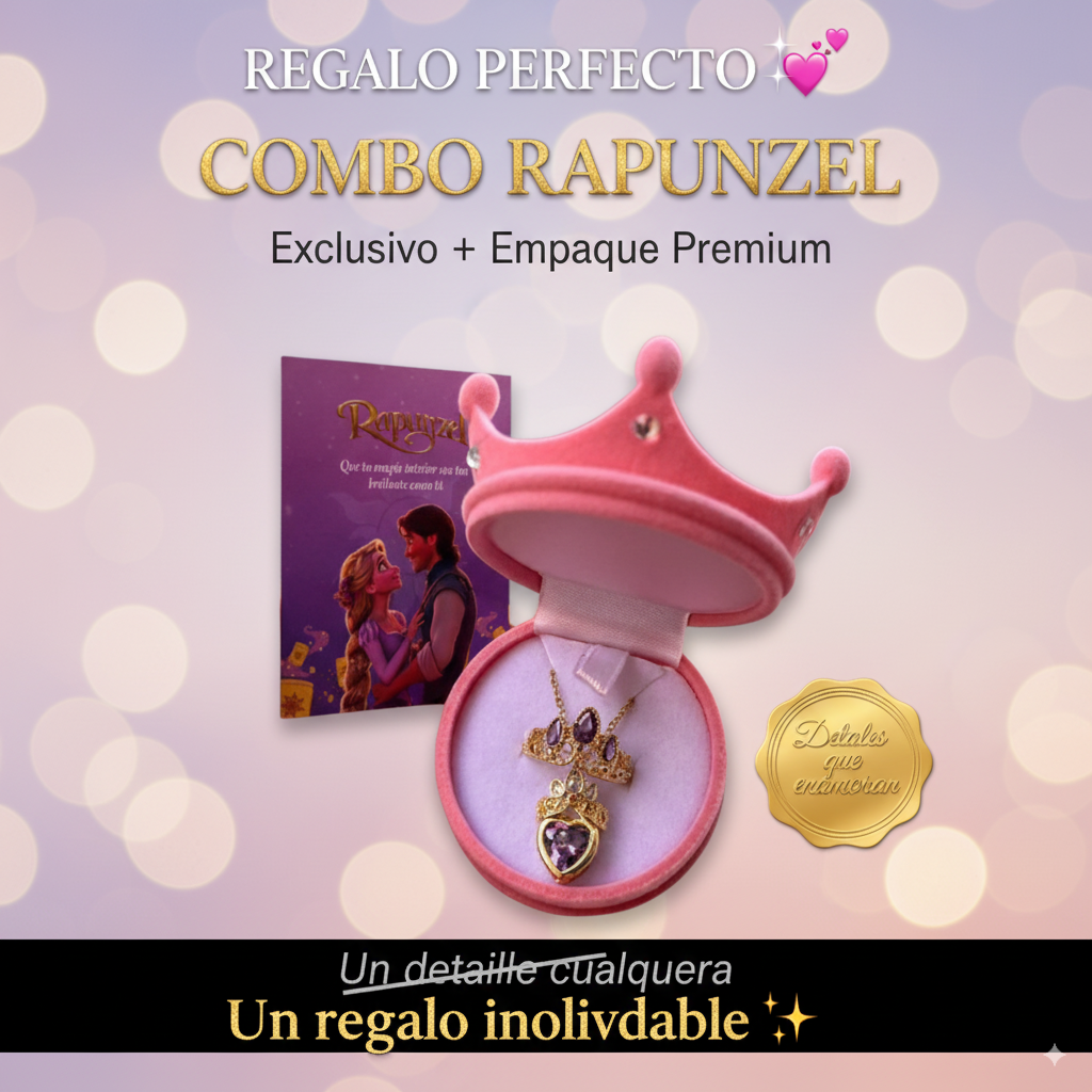 Combo Rapunzel: Collar + Anillo + Empaque de princesa.