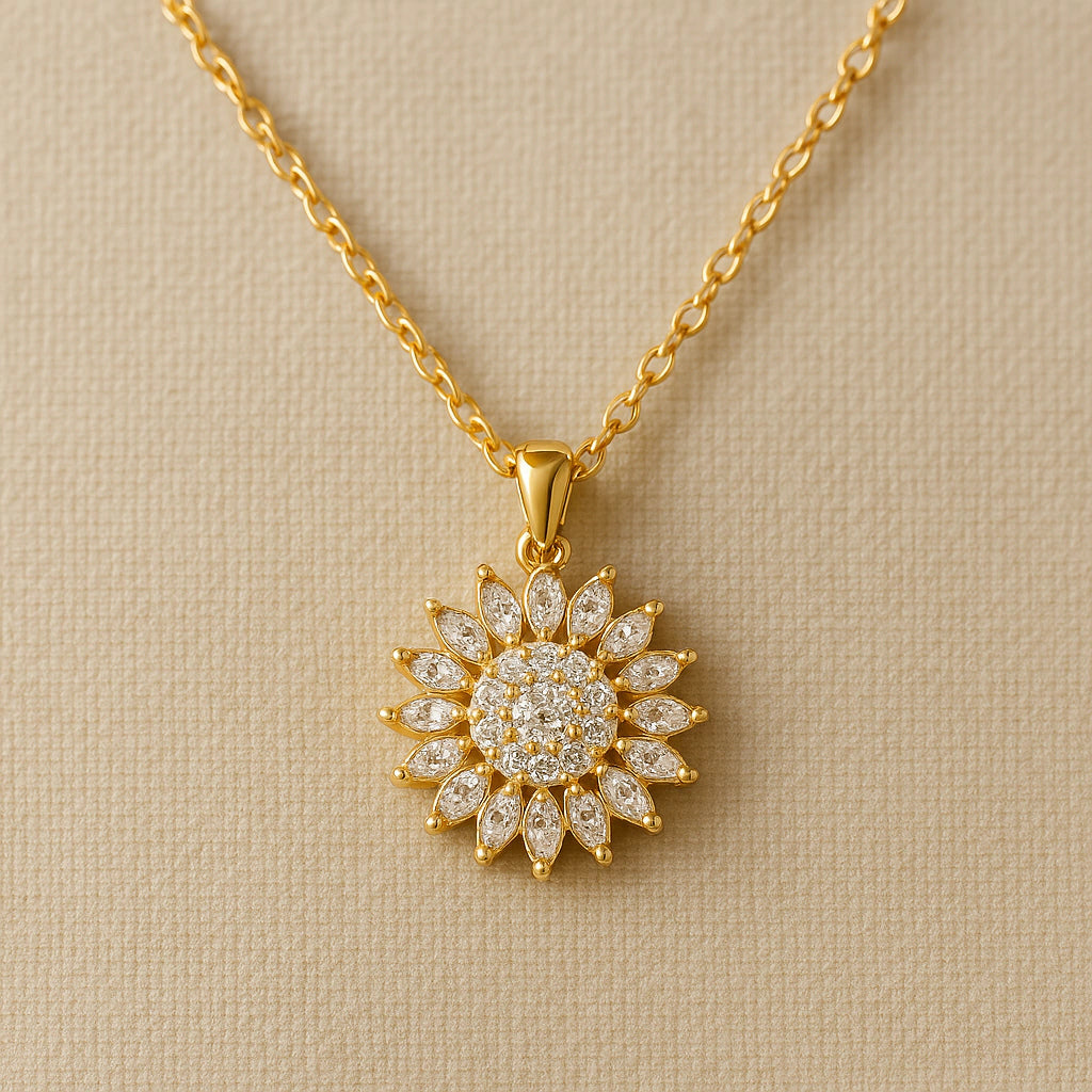 🌻 Collar de Girasol giratorio | Baño de Oro y Caja de Corazón Premium