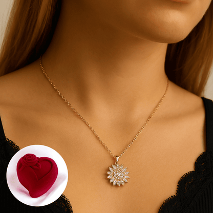 🌻 Collar de Girasol giratorio | Baño de Oro y Caja de Corazón Premium